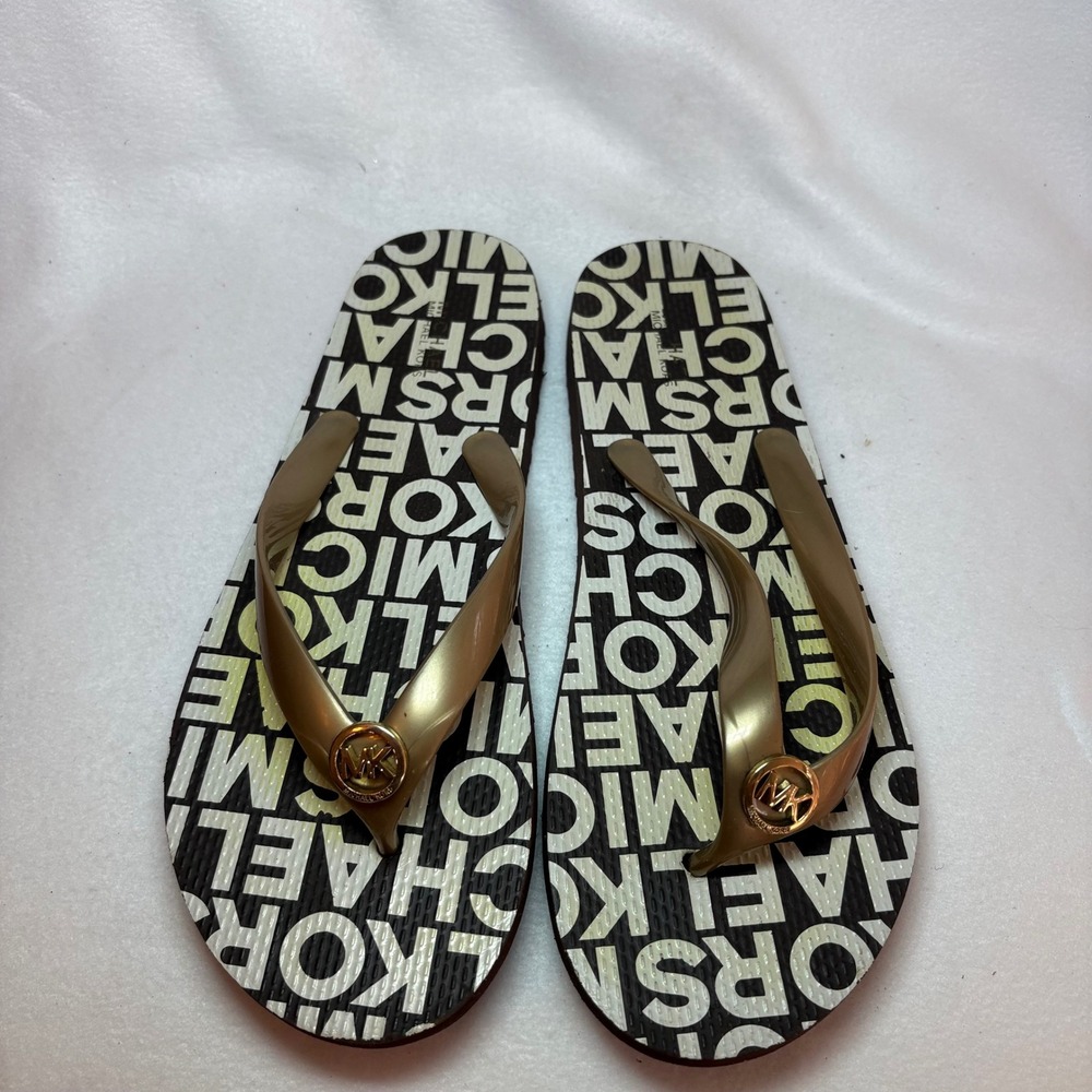 Michael Kors Logo Print Flip Flop Sandals Gold Metallic Straps Brown White 10